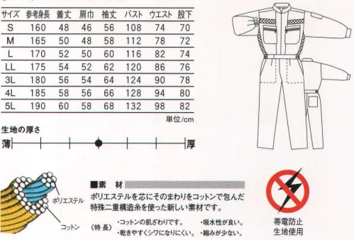 丸鬼 PS-113 長袖ツナギ さわやかな吸汗・速乾性に、安心の制電性をプラス。半袖と長袖タイプが選べる充実アイテム。※PS-103の長袖バージョン。 サイズ／スペック