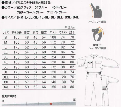 丸鬼 PS-120EK 長袖ツナギ 豊富なカラー＆サイズで人気の定番スタイル。「ACT-FIT SYSTEM（快適な着心地と作業性のために開発したオリジナル機能）」で動きやすい。 ※業界初！製品全体でエコテックス規格100認証取得。プリント、刺繍も含め製品全体での国際安全基準規格をクリアーしました。消費者の安全・健康のための本物の製品作りを目指していきます。（※エコテックス100とは？繊維製品に含まれる有害物質の規制により、消費者の健康を守るための高いレベルでの国際統一安全基準です。規制物質としては発ガン性やアレルギー誘発性染料、ホルムアルデヒド、重金属、農薬、フェノール類、有機スズ等。また規制値としてPH値、堅牢度などが含まれます。）※印刷の都合上、商品写真と実際の商品カラーとは多少異なっている場合があります。 サイズ／スペック