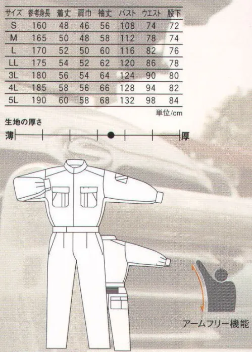 丸鬼 PS-142 長袖ツナギ 着用時のシワ、洗濯時の縮みを解消。●配色ステッチがさりげないアクセント。 サイズ／スペック