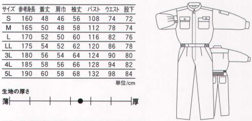 丸鬼 RO-750 長袖ツナギ コットンタッチで、動きやすいヨコ伸び仕様。 ●適度なストレッチ性をもたせた両線3層構造素材。 サイズ表