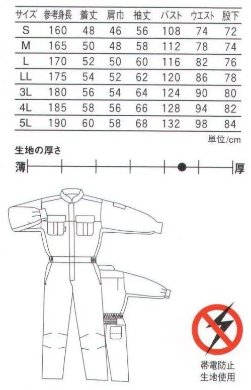 丸鬼 RS-770 長袖ツナギ 綿の肌触りが味わえ、汗やシワにも強い。2層構造糸に制電性をプラス。●汗をかいてもサラッと快適な着心地をキープ。●すぐれた防縮性・防シワ性でお手入れ簡単。 サイズ／スペック