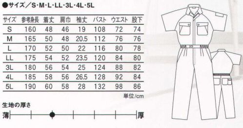 丸鬼 WB-108 半袖ツナギ 綿タッチ＆吸汗・速乾、2つの快適性が実感できる。※「21 ローズ」」は、販売を終了致しました。 サイズ／スペック