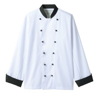 住商モンブラン 6-715 コックコート（男女兼用・長袖） たとえば、エプロンと同じカラーのボタンのコックコートをセレクト。ホワイトベースで清潔感を保ちながら、ディテールでおしゃれを主張して。