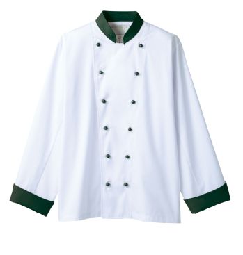 住商モンブラン 6-725 コックコート（男女兼用・長袖） たとえば、エプロンと同じカラーのボタンのコックコートをセレクト。ホワイトベースで清潔感を保ちながら、ディテールでおしゃれを主張して。