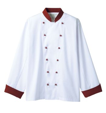 住商モンブラン 6-727 コックコート（男女兼用・長袖） たとえば、エプロンと同じカラーのボタンのコックコートをセレクト。ホワイトベースで清潔感を保ちながら、ディテールでおしゃれを主張して。