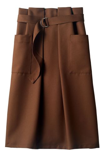 住商モンブラン BW9501-7 サロンエプロン（ブラウン・男女兼用） 大きめのバックルでベルトを留める巻きスカート仕様。ハイウエストでも着用OK。汚れを落としやすいリップガード素材を使用。