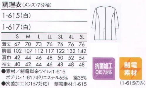 住商モンブラン 1-615 調理衣（メンズ・7分袖） 調理に真剣に取り組む、職人の上質スタイル。選べる2素材。 サイズ／スペック