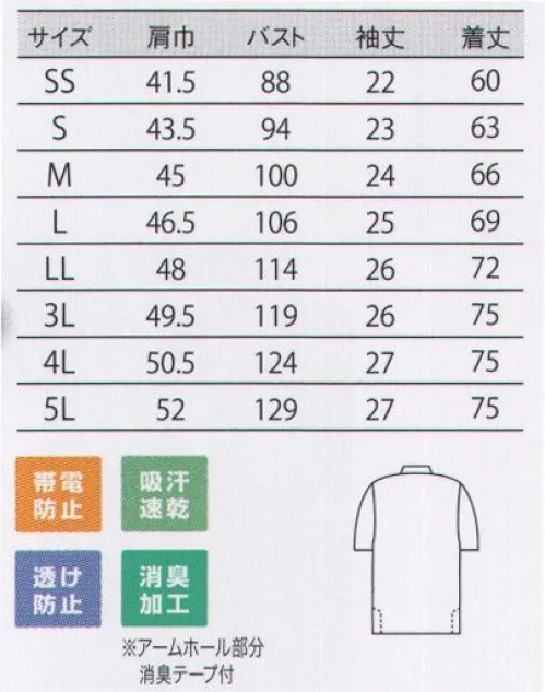 住商モンブラン 32-5050 ポロシャツ（男女兼用・半袖） 気になる静電気やゴミの付着をセーブ透け防止+UVケア 静電気防止タイプ●制電性繊維で透け防止とUVケア。●左袖には便利なペン差し付。●消臭テープ付でニオイをカット。ワッフル透けにくく、UVケア効果も併せ持つ制電素材。 サイズ／スペック