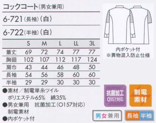 住商モンブラン 6-721 コックコート（男女兼用・長袖） 食品への異物混入を防ぐ、袖ネット付のHACCPデザイン。袖の内側にネットがついていて、制服内側からのチリ、体毛などの異物の落下を防ぎます。コート内側に、四角のポケットが付いています。組紐ボタン:一つずつ手作りにこだわったボタンです。 サイズ／スペック