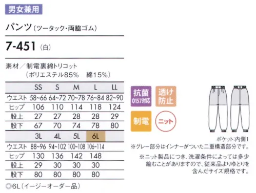 住商モンブラン 7-451 パンツ（男女兼用・ツータック・両脇ゴム） 低温の作業場に最適な、着心地のよい厚手のニット素材。 パンツの裾部分をフライスで絞り、体毛などが床へ落下するのを防止しています。 厚手の裏綿トリコットなので保温効果有り。ノンプレスで着用できるイージーケア性、厚手生地にもかかわらず動きやすさに優れた快適ウェア。インナーが透けにくい透け防止繊維。ゴミの付着や放電ショックを防ぐ帯電防止。高い抗菌性と耐久性を兼ね備えた肌にやさしい抗菌加工（ユニクリーン）。 ※ニット製品につき、洗濯条件によっては多少縮むことがありますので、従来品よりもゆとりを含んだサイズ規格です。 サイズ／スペック