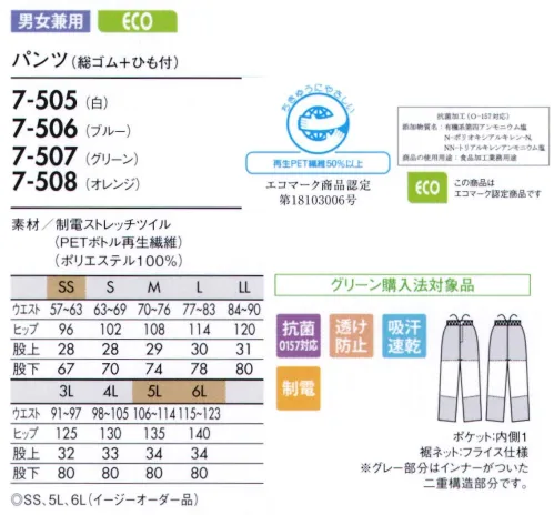 住商モンブラン 7-505 パンツ（男女兼用・総ゴム＋ヒモ付） 吸汗速乾に優れた素材で、暑い職場から涼しい職場まで。 パンツ内側についたネットで、体毛などの落下を防止します。ネット裾はフライス絞りです。生地の裁断面から生じる糸クズやチリ、ホコリが外に出ないように縫製しています。 吸汗発散に優れた素材でいつもドライ感覚。耐久性に優れ、防シワ、速乾性もある高機能素材。体の動きにスムーズに沿うストレッチ性。透け防止効果に加え、断熱・遮蔽効果も。ゴミの付着や放電ショックを防ぐ帯電防止。生地そのものからチリが出にくい素材。食中毒の防止に有効なO157対応の抗菌加工（エスコーラ）。 サイズ／スペック