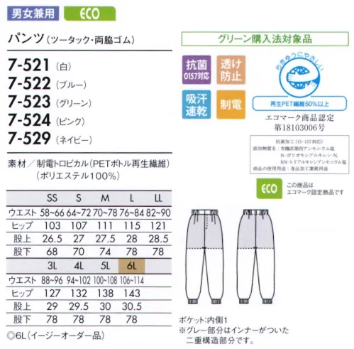 住商モンブラン 7-521 パンツ（男女兼用・ツータック・両脇ゴム） 肌ざわりが優しい薄手の高機能素材で、暑い職場に最適。 パンツの裾部分をフライスで絞っており、体毛などが床へ落下するのを防ぎます。スライダーは固定できて洗濯時のタンブラーなどで破損の恐れが少なく、塗装がはがれ落ちにくいメッキ加工タイプです。生地の裁断面から生じる糸クズやチリ、ホコリが外に出ないように縫製しています。 肌との摩擦が少ないソフトで滑らかな生地。サラっとした肌ざわりが心地いい吸汗速乾性。インナーが透けにくい、透け防止繊維。高温環境でもウェア内は涼しく快適。ゴミの付着や放電ショックを防ぐ帯電防止。生地そのものからチリが出にくい素材。食中毒の防止に有効なO157対応の抗菌加工（エスコーラ）。 サイズ／スペック