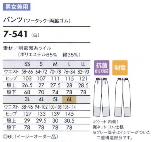 住商モンブラン 7-541 パンツ（男女兼用・ツータック・両脇ゴム） パンツ内側についたネットで、体毛などの落下を防止します。ネット裾はゴム絞りです。 サイズ／スペック