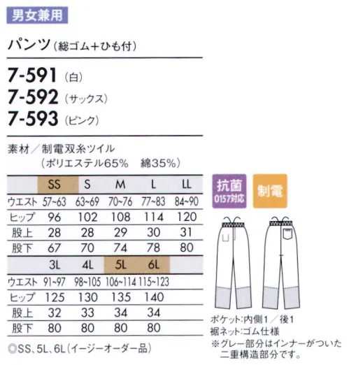 住商モンブラン 7-591 パンツ（男女兼用・総ゴム＋ヒモ付） 厚みのあるスタンダード素材。デザインで選ぶ、ベーシックパンツパンツ。内側についたネットで、体毛などの落下を防止します。ネット裾はゴム絞りです。 サイズ／スペック