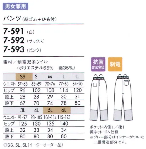 住商モンブラン 7-592 パンツ（男女兼用・総ゴム＋ヒモ付） 厚みのあるスタンダード素材。デザインで選ぶ、ベーシックパンツパンツ。内側についたネットで、体毛などの落下を防止します。ネット裾はゴム絞りです。 サイズ／スペック