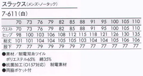 住商モンブラン 7-611 スラックス（メンズ・ノータック） ノータック サイズ／スペック