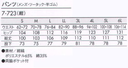 住商モンブラン 7-723 パンツ（メンズ・ツータック・半ゴム） 正面から見えないように後ろ半分にゴムシャーリング入り。 サイズ／スペック