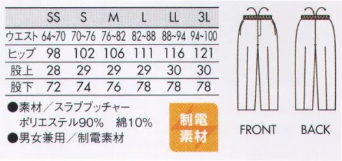 住商モンブラン 7-891 イージーパンツ（男女兼用） 凛とした姿で作業に打ち込める、色合いと佇まいが美しい作務衣。和の趣を感じさせる、表情のある生地。シワになりにくいイージーケア性も魅力。墨色深みのある美しい墨色は、さりげなくモダンな雰囲気も。 サイズ／スペック