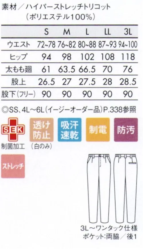 住商モンブラン 72-1361 パンツ（ノータック・両脇ゴム） 住商モンブラン従来品のトリコットに比べ約3倍のストレッチ性を実現したワープニット。なめらなか風合いの軽やかな着心地です。 サイズ／スペック