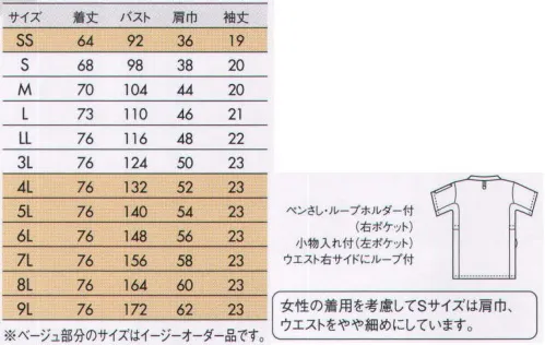 住商モンブラン 72-613 ジャケット（男女兼用・半袖） ニット素材で動きやすく、カラーが選べる快適ウェア。使い易さを追求し、細部までこだわった1着。●着脱が簡単な肩口スナップテープ仕様。●PHS専用ポケット。●左袖には便利な袖口ペンさし付き。●衣服内の通気性を高める、ベンチレーション仕様。●キーホルダーも掛けられる便利な右ウエストループ。●脇ポケットには小物を整理しやすい内ポケット付き。●ストラップのズレ上がりを防ぐホールドループ＆セミハイネック。『フルダルドライトリコット』涼しくサラッとドライな着心地凹凸感のあるストライプ模様の編み組織で、肌あたりが少なくサラッとした着心地。さらに、特殊な繊維を使用し吸汗速乾性に優れているため、汗をかいてもドライな着心地をキープします。軽い着心地と透け防止が特徴動きやすさと着心地を重視した軽量素材。ニット特有の重たさがなく、着ていることを意識させない心地よさです。また、薄い生地ながら繊維内に特殊セラミックを使用しているため気になる透けを抑えます。 サイズ／スペック