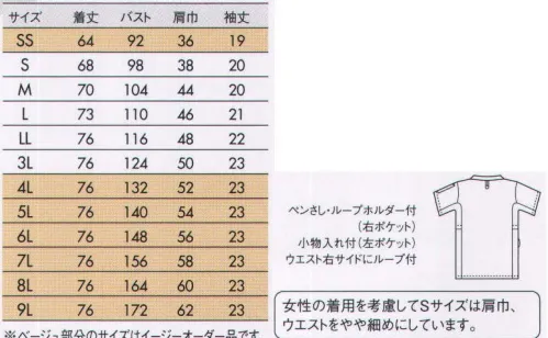 住商モンブラン 72-617 ジャケット（男女兼用・半袖） ニット素材で動きやすく、カラーが選べる快適ウェア。使い易さを追求し、細部までこだわった1着。●着脱が簡単な肩口スナップテープ仕様。●PHS専用ポケット。●左袖には便利な袖口ペンさし付き。●衣服内の通気性を高める、ベンチレーション仕様。●キーホルダーも掛けられる便利な右ウエストループ。●脇ポケットには小物を整理しやすい内ポケット付き。●ストラップのズレ上がりを防ぐホールドループ＆セミハイネック。『フルダルドライトリコット』涼しくサラッとドライな着心地凹凸感のあるストライプ模様の編み組織で、肌あたりが少なくサラッとした着心地。さらに、特殊な繊維を使用し吸汗速乾性に優れているため、汗をかいてもドライな着心地をキープします。軽い着心地と透け防止が特徴動きやすさと着心地を重視した軽量素材。ニット特有の重たさがなく、着ていることを意識させない心地よさです。また、薄い生地ながら繊維内に特殊セラミックを使用しているため気になる透けを抑えます。 サイズ／スペック