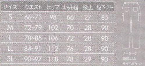 住商モンブラン 72-881 パンツ（メンズ） トレンド感のあるカーゴパンツ。カジュアルな印象が強いカーゴパンツを、股上を浅くすることで、スタイリッシュなシルエットで脚長効果を演出します。両サイドに貼りつけたカーゴポケットがアクセント。履き心地抜群の伸縮性を兼ね備えたデザインウェアです。 サイズ／スペック