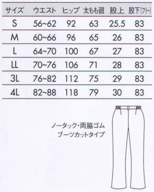 住商モンブラン 73-1091 ナースパンツ 脚長効果のあるブーツカット。ノータック・ブーツカットタイプ。股上やや浅め。誰にでも似合って脚が細く、ほっそり見える定番人気のブーツカットタイプ。ナチュラルフレアーで、裾がもたつくことなくスッキリはけます。 サイズ／スペック