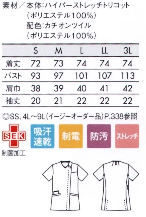 住商モンブラン 73-2252 スクラブ（半袖） 「ハイパースクラブ」で動きなめらか！動きにシンクロする高機能スクラブ。●従来品の約3倍のびる、ハイパー素材！「ハイパーストレッチトリコット」従来品の約3倍のストレッチ性を実現し、伸びやかな着心地をかなえたワープニット。しっかりとした耐久性と軽やかな着心地を両立し、肌ざわりもしっかりなめらか。また、特殊技術により、ストレッチ性と静電機能の両立を実現（特許出願中）。白地は、汚れや透けが目立ちにくい嬉しい機能も。●腕の上げ下げに考慮したパターン設計。腕を上げた時のズレ上りがなく、体の動きに自然に寄り添います。着脱もしやすく、ストレスの少ない着心地です。●濃色ベースはスクラブユーザーに、白ベースはナースウェアユーザに。男女同型の多色展開だから、さまざまな組み合わせで院内コーディネートが可能です。 サイズ／スペック