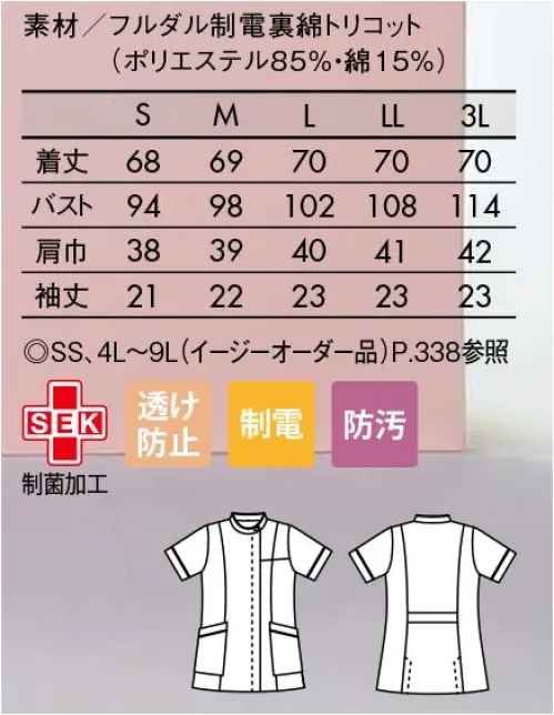 住商モンブラン 73-2312 ジャケット（半袖） 清涼感のあるさわやかな白に、カラーのパイピングがアクセント。男女どちらにも似合う、シンプルなデザインです。■形状特徴・ネックラインにパイピングをあしらったクールなデザイン。・右腰ポケット内には便利なペンさし付き。・動きやすいバックスリット（レディスのみ） サイズ／スペック