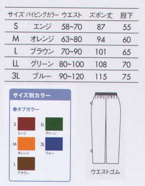 住商モンブラン 79-511 検診衣（男女兼用・パンツ） 検査から療養まで、気持ちを和らげるウェア。高機能な素材で、着心地のいいペイシェントウェアを揃えました。洗濯に耐えうる強度、耐久性のほか速乾性も抜群です。安心感を与える、優しい色目のベーシックカラー。パイピングとタブで色をかえてサイズ分けしています。●畳んだ状態やハンガーに掛けた状態でも認識しやすいサイズタブ。上衣は内襟、後ろ襟、左裾の3箇所、パンツは左腰、左裾の2箇所についています。●胸元がはだけにくい、2箇所の内紐。結び目をまちがえにくいよう上と下の紐色をかえています。 サイズ／スペック