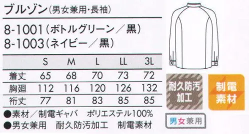 住商モンブラン 8-1001 ブルゾン（男女兼用・長袖） 携帯電話をスマートに収納できるポケットをフロントに付けました。深いポケットにすっぽり収まります。袖ポケットは作業時に必需品のカッターナイフやマジックなどを入れるのにぴったり。スッキリ入るセパレートタイプです。名札をスッキリ付けたい。そんな希望に応えるポケットタブに切り込み付き。名札クリップをしっかりホールドします。名札ループ。ピンでブルゾンを傷めることなく名札をキープできるループ付き。吊り下げタイプの名札に最適です。 室温の全く違うバックヤードと売り場や、店内外を行き来するスタッフにおすすめしたい、スタイリッシュで快適に着こなせる高機能ジャケット。程よい厚みに合わせやすいシンプルなデザイン。また、汚れ除去性や撥油性、耐久性のあるリップガード加工を施しているので衛生面ンも安心です。 汚れからも寒さからもしっかり守る、リップガード加工を施した頼れるブルゾン。【リップガード】優れた汚れ除去性。高い撥油性。優れた洗濯耐久性。 サイズ／スペック