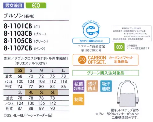 住商モンブラン 8-1101CB ブルゾン（男女兼用・長袖） 襟まで閉められるファスナー仕様で防止のケープが出にくく、洗濯後の襟の型くずれを防ぎます。またファスナーは破損の恐れが少ないセミオートマチックコイルファスナーを使用しています。前立て比翼仕様でファスナー部分を保護し、スライダーなどのパーツの破損（異物の発生）を防ぎます。袖ネットの絞り口に吸汗ニットを使用しています。ソフトでドライ感覚の肌ざわりで異物混入を防ぎます。袖口をピッタリとやわらかくフライスで絞っており、衣服内から発生する異物の落下を防ぎます。上衣内側のインナーカバーをボトム内に入れて着用し、上衣裾からの異物落下を防ぎます（腰ネット・スナップ留め）。生地の裁断面から生じる糸クズやチリ、ホコリが外に出ないように縫製しています。 ドライな着心地をキープし、暑い職場に適した超速乾素材。ムレ感を軽減する、優れた通気性。吸水性が良く、吸った水分をすぐに拡散。二重織りの点接触で、涼しく快適。透け防止効果に加え、断熱・遮蔽効果も。食中毒の防止に有効なO157対応の抗菌加工（エスコーラ）。 サイズ／スペック