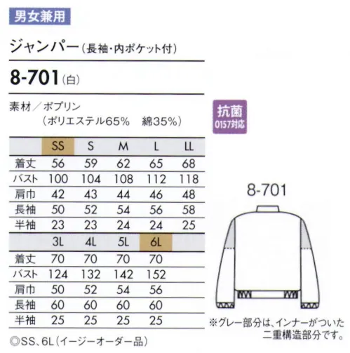 住商モンブラン 8-701 ジャンパー（男女兼用・長袖） 袖の内側にネットがついています。長袖口絞り仕様と併せて、二重に異物の落下を防ぎます。 サイズ／スペック