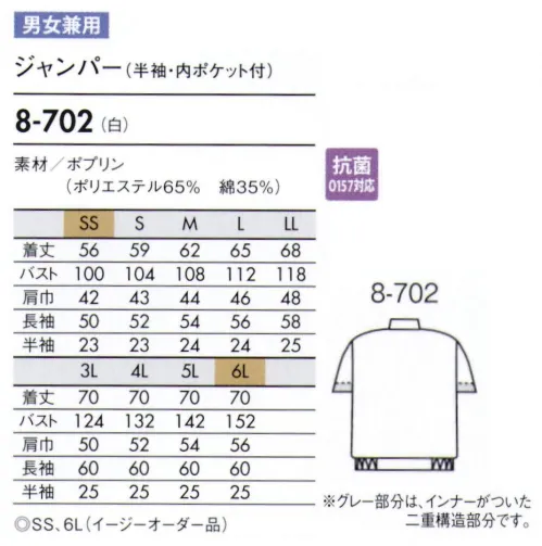 住商モンブラン 8-702 ジャンパー（男女兼用・半袖） 袖の内側にネットがついており、内側からのチリ、体毛などの落下を防ぎます。 サイズ／スペック