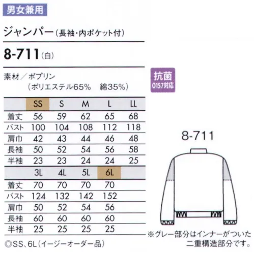 住商モンブラン 8-711 ジャンパー（男女兼用・長袖） 袖の内側にネットがついています。長袖口絞り仕様と併せて、二重に異物の落下を防ぎます。 サイズ／スペック