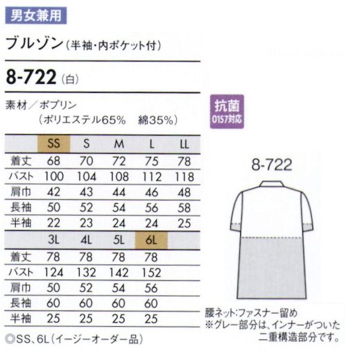 住商モンブラン 8-722 ブルゾン（男女兼用・半袖） 袖の内側にネットがついており、内側からのチリ、体毛などの落下を防ぎます。上衣内側のインナーカバーをボトム内に入れて着用し、上衣裾からの異物落下を防ぎます（腰ネット・ファスナー留め）。 サイズ／スペック