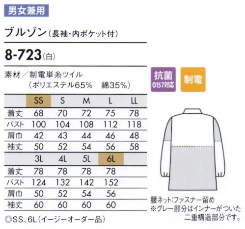 住商モンブラン 8-723 ブルゾン（男女兼用・長袖） ケープ付防止の収まりが良く、異物混入防止効果が高いスタンドカラー。 袖の内側にネットがついています。長袖口絞り仕様と併せて、二重に異物の落下を防ぎます。上衣内側のインナーカバーをボトム内に入れて着用し、上衣裾からの異物落下を防ぎます（腰ネット・ファスナー留め）。 サイズ／スペック