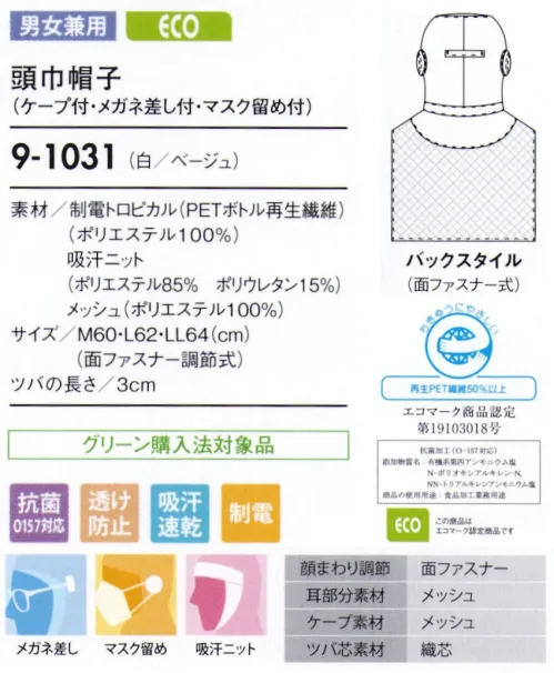 住商モンブラン 9-1031 頭巾帽子（ケープ付・メガネ留め付・マスク留め付） ケープ付タイプ（顔まわりをすべて覆い、異物混入を防ぐフルガードタイプ）。「メガネ留め」メガネをフードの外側から留められます。毛髪落下の原因となる帽子のすき間を解消し、留めやすい差込位置に設定しています。「マスク留め」マスクをフードの外側から留められるようになっています。長時間の着用による、耳への負担を無くします。「メッシュ」聞き取りやすいように耳部分はメッシュ仕様になっています。「吸汗ニット」顔に圧迫感なくフィットさせ、異物が外に出ないように顔まわり部分は吸汗ニット仕様になっています。※ベージュニットはファンデーションによる色のくすみを目立たせない効果があります。「メッシュケープ」抜け落ちた頭髪をウェア内に誘導し、外へ漏らしません。通気性が良く、サラリとした肌ざわりの良いメッシュを使用し、ムレ感を軽減します。「マジックテープ収納」マジックテープの引っかかりによる毛羽立ちを防ぐ収納仕様。洗濯時にはマジックテープを折り返して下さい。 サイズ／スペック