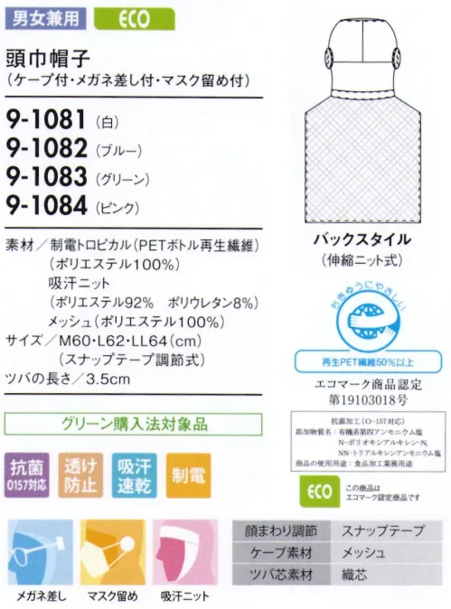 住商モンブラン 9-1081 頭巾帽子（男女兼用・ケープ付・メガネ留め付・マスク留め付） 顔まわりをすべて覆い、異物混入を防ぐフルガードタイプ。さまざまな機能を装備した安全性の高いラインナップです。  ●メガネ留め。外側にメガネ留めを付けた新設計。顔周りの隙間がなくなり、異物落下の要因が少なくなります。  ●マスク留め。マスクをフードの外側から留められるようになっています。長時間の着用による、耳への負担を無くします。  ●吸汗ニット。顔に圧迫感なくフィットさせ、異物が外に出ないように顔周り部分は吸汗ニットもしくはパイル仕様になっています。  ●テーピースナッパー調節式。テープと一体成形し、脱落しにくいスナップ調整。マジックテープに比べてホコリがつきにくく、耐久性に優れています。  ●メッシュケープ。抜け落ちた頭髪をウェア内に誘導し、外へ漏らしません。通気性が良く、サラリとした肌ざわりの良いメッシュを使用し、ムレ感を軽減します。 サイズ／スペック