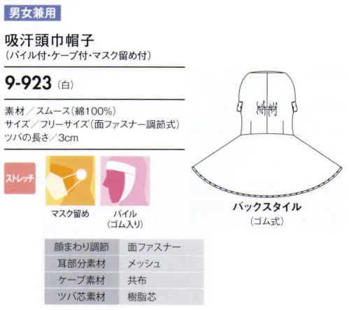 住商モンブラン 9-923 吸汗頭巾帽子（パイル付・ケープ付・マスク留め付） ケープ付タイプ（顔まわりをすべて覆い、異物混入を防ぐフルガードタイプ）。「マスク留め」マスクをフードの外側から留められるようになっています。長時間の着用による、耳への負担を無くします。「メッシュ」聞き取りやすいように耳部分はメッシュ仕様になっています。「マジックテープ調節式」顔まわりをきちんと覆い、着脱が簡単です。サイズに合わせて細かな調節ができるマジックテープタイプです。 サイズ／スペック