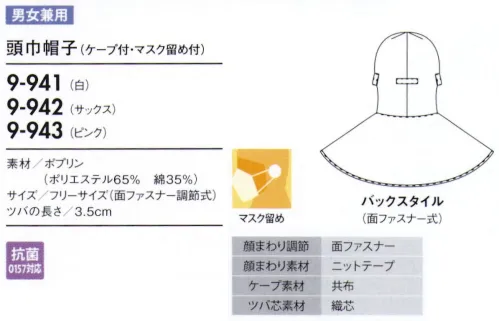 住商モンブラン 9-941 頭巾帽子（ケープ付・マスク留め付） ケープ付タイプ（顔まわりをすべて覆い、異物混入を防ぐフルガードタイプ）。「マスク留め」マスクをフードの外側から留められるようになっています。長時間の着用による、耳への負担を無くします。「マジックテープ調節式」顔まわりをきちんと覆い、着脱が簡単です。サイズに合わせて細かな調節ができるマジックテープタイプです。 サイズ／スペック