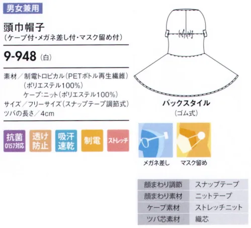 住商モンブラン 9-948 頭巾帽子（ケープ付・メガネ留め付・マスク留め付） ケープ付タイプ（顔まわりをすべて覆い、異物混入を防ぐフルガードタイプ）。「メガネ留め」メガネをフードの外側から留められます。毛髪落下の原因となる帽子のすき間を解消し、留めやすい差込位置に設定しています。「マスク留め」マスクをフードの外側から留められるようになっています。長時間の着用による、耳への負担を無くします。「テーピースナッパー調整式」テープと一体成形し、脱落しにくいスナップ調整。マジックテープに比べてホコリがつきにくく、耐久性に優れています。 サイズ／スペック