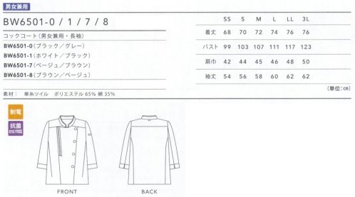 住商モンブラン BW6501-0 コックコート(男女兼用・長袖) ベースはシンプルなコックコートながら、配色テープのあしらいや立体的なボタン、比翼の合わせなど凝ったデテールをプラス。上半身に視線を集める、厨房でもホールでも映える一着。甘さをプラスした自然派テイスト。柔らかなカラーに、タウンウェアの要素を取り入れたナチュラル＆スウィートなデザイン。女性をメインターゲットにしたスウィーツやオーガニックフードのお店など、ナチュラルテイストの店内に映えるデザイン。 サイズ／スペック