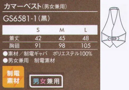 住商モンブラン GS6581-1 カマーベスト（男女兼用） 首まわりをすっきり見せる、Vネックとスタイリッシュなカマーベスト。 サイズ／スペック