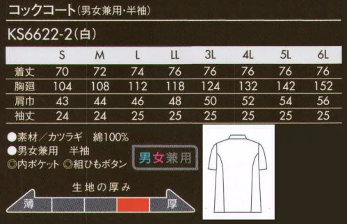 住商モンブラン KS6622-2 コックコート（男女兼用・半袖） コートの内側に四角のポケットが付いています。一つずつ手作りにこだわった組ひもボタンです。着るほどに肌になじむコットン100％、組ひものボタンが上質感をアピール。●内ポケット。コート内側に、四角のポケットが付いています。●組ひもボタン。一つずつ手作りにこだわったボタンです。 サイズ／スペック