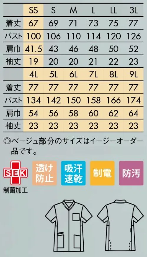 住商モンブラン MS001-0173 スクラブ（半袖） 時代に合わせて人気モデルが進化誰もが自分らしく、心地よく働けるウェアをコンセプトに人気モデルをアップデート。ジェンダーフリーの観点からもニーズが高まるユニセックスなユニフォームを、現場の声を参考に改良しました。年齢、体型、性別などを問わずどんな人が着ても似合うデザインと、伸びやかにパフォーマンスを発揮できる機能性を追及。違和感なく着られる、心身ともにストレスのないユニフォームをめざしました。リニューアル商品は、旧商品に比べ男女問わず着用いただけやすい大きめサイズとなっております。ご購入前にサイズ確認をお願い致します。◎襟:胸元がのぞかず前屈みも安心Vネックの開きを挟め、立ち襟にすることで、「屈んだ時に胸元が見える」「首元が開きすぎてだらしない」という悩みを解消。◎パイピング:顔まわりをすっきり見せる配色ライン襟の開きに沿った配色ラインが、顔まわりの印象をすっきりシャープに演出します。◎脇下設定:動きやすさと、通気性を確保サイドの配色は、運動時の動きや姿勢を考慮した「ピボットスリーブ」を採用。動きたびにベンチレーションが開き、衣服内を快適に保ちます。◎ポケット:小物を分けて収納できる便利なダブルポケットとスマホがスッキリ収まる専用ポケット仕様◎サイズ・シルエット:体型カバーを叶える美シルエット体型によって違って見えたシルエットを改善。軽さと適度なハリを兼ね備えたストレッチカシミアを使用し、立体裁断でさまざまな体型でもすっきりキレイなシルエットを実現しました。◎両サイドベンツ:裾周りがつっぱらないすっきりとしたシルエットでも動きやすさを確保できるよう、後ろ身頃の両サイド2ヶ所にベンツを配置。※イージーオーダー品(SS・4L～9L)につきましてはお問い合わせください。 サイズ／スペック