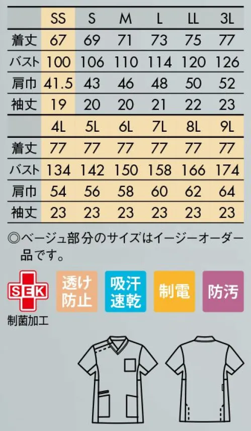 住商モンブラン MS002-0122 スクラブ（半袖） 時代に合わせて人気モデルが進化誰もが自分らしく、心地よく働けるウェアをコンセプトに人気モデルをアップデート。ジェンダーフリーの観点からもニーズが高まるユニセックスなユニフォームを、現場の声を参考に改良しました。年齢、体型、性別などを問わずどんな人が着ても似合うデザインと、伸びやかにパフォーマンスを発揮できる機能性を追及。違和感なく着られる、心身ともにストレスのないユニフォームをめざしました。リニューアル商品は、旧商品に比べ男女問わず着用いただけやすい大きめサイズとなっております。ご購入前にサイズ確認をお願い致します。◎襟:胸元がのぞかず前屈みも安心Vネックの開きを挟め、立ち襟にすることで、「屈んだ時に胸元が見える」「首元が開きすぎてだらしない」という悩みを解消。◎パイピング:顔まわりをすっきり見せる配色ライン襟の開きに沿った配色ラインが、顔まわりの印象をすっきりシャープに演出します。◎脇下設定:動きやすさと、通気性を確保サイドの配色は、運動時の動きや姿勢を考慮した「ピボットスリーブ」を採用。動きたびにベンチレーションが開き、衣服内を快適に保ちます。◎ポケット:小物を分けて収納できる便利なダブルポケットとスマホがスッキリ収まる専用ポケット仕様◎サイズ・シルエット:体型カバーを叶える美シルエット体型によって違って見えたシルエットを改善。軽さと適度なハリを兼ね備えたストレッチカシミアを使用し、立体裁断でさまざまな体型でもすっきりキレイなシルエットを実現しました。◎両サイドベンツ:裾周りがつっぱらないすっきりとしたシルエットでも動きやすさを確保できるよう、後ろ身頃の両サイド2ヶ所にベンツを配置。※イージーオーダー品(SS・4L～9L)につきましてはお問い合わせください。 サイズ／スペック