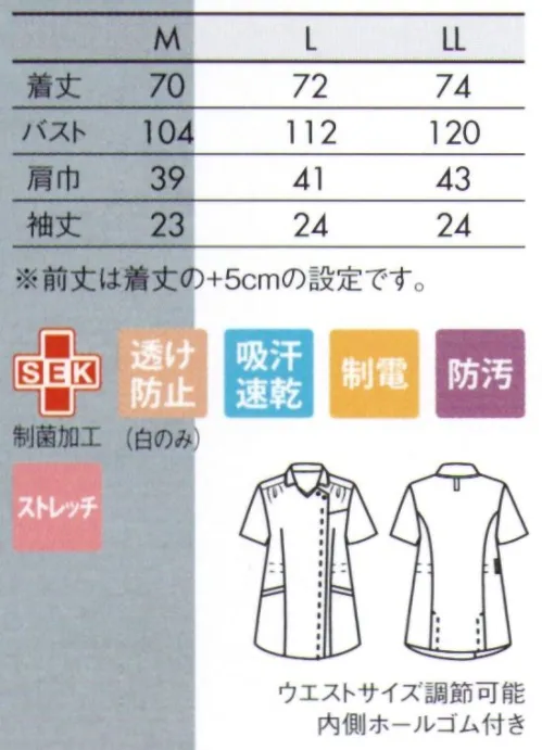 住商モンブラン MS900-0183 マタニティスクラブ（半袖） 妊娠期の体にもやさしい、動きやすい！ハイパースクラブのマタニティモデル。少しずつ体型が変わっていく妊婦さんにも優しいウェアを。モンブランは妊婦さんのために、簡単に美しく着こなせるマタニティウェアをご用意しました。タックをあしらったふんわり感のあるAライン。ウエスト（内側）調節ゴム付きでお腹の大きさに合わせて調整自在。パンツにもお腹を守る工夫があります。■形状特長・従来品の約3倍のストレッチ性を持つ「ハイパーストレッチトリコット」を採用。どんな動きにもフィットし、なめらかな風合いで肌ざわりも快適。・バストの形や大きさの変化に対応するため、肩ヨークにギャザーをプラス。胸元にゆとりを作ることでバストの目立ちを抑え、窮屈感を軽減します。・前丈を後丈より5cm長く設計。おなかが大きくなってもつっぱり感なく、きれいなシルエットで着こなせます。・胸元には便利なポケット付き。・妊娠初期から後期にかけて変化していく体型に応じ、内側にアジャスター+ゴムで調整可能な快適仕様。 サイズ／スペック