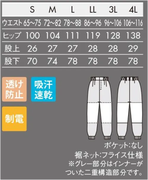 住商モンブラン RL7701-4 パンツ（ノータック・両脇ゴム） 高温作業環境向けサラッとさわやか。薄手なのに耐久性もしっかり！◎POINT1.優れた吸汗速乾性でさわやかな着心地が持続！吸汗速乾性に優れた、さわやかな着心地が特徴。格子柄の凹凸があるため肌にまとわりつかず、汗をかいてもサラッとした肌ざわりが続きます。◎POINT2.生地強度アップを実現する、リップストップ素材強度のある繊維を格子状に縫い込むことで、生地の耐久性がアップ。丈夫で裂けにくく、アウトドアにも多く用いられている素材です。◎POINT3.透けにくく設計された薄手素材軽くて着心地のよい薄手の織物素材に、透けにくい設計で安心感をプラス。インナーを気にせず着用出来ます。 サイズ／スペック