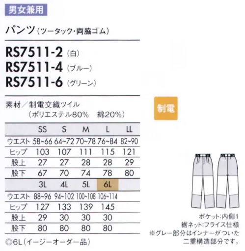 住商モンブラン RS7511-2 パンツ（男女兼用・ツータック・両脇ゴム） 裾ストレートタイプ。 耐久性に優れ、厚みのあるイージーケア素材。  ■異物混入防止仕様  ●特殊縫製:生地の裁断面から生じる糸クズやチリ、ホコリが外に出ないように縫製しています。 ●パンツ裾ネット（ゴム仕様）；パンツ内側についたネットで、体毛などの落下を防ぎます。ネット裾はゴム絞りです。 サイズ／スペック